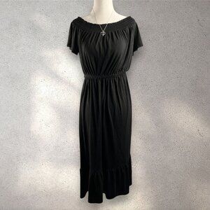 Old Navy Off Shoulder Midi Dress Women’s Small Black Ruffle Hem Bohemian Resort
